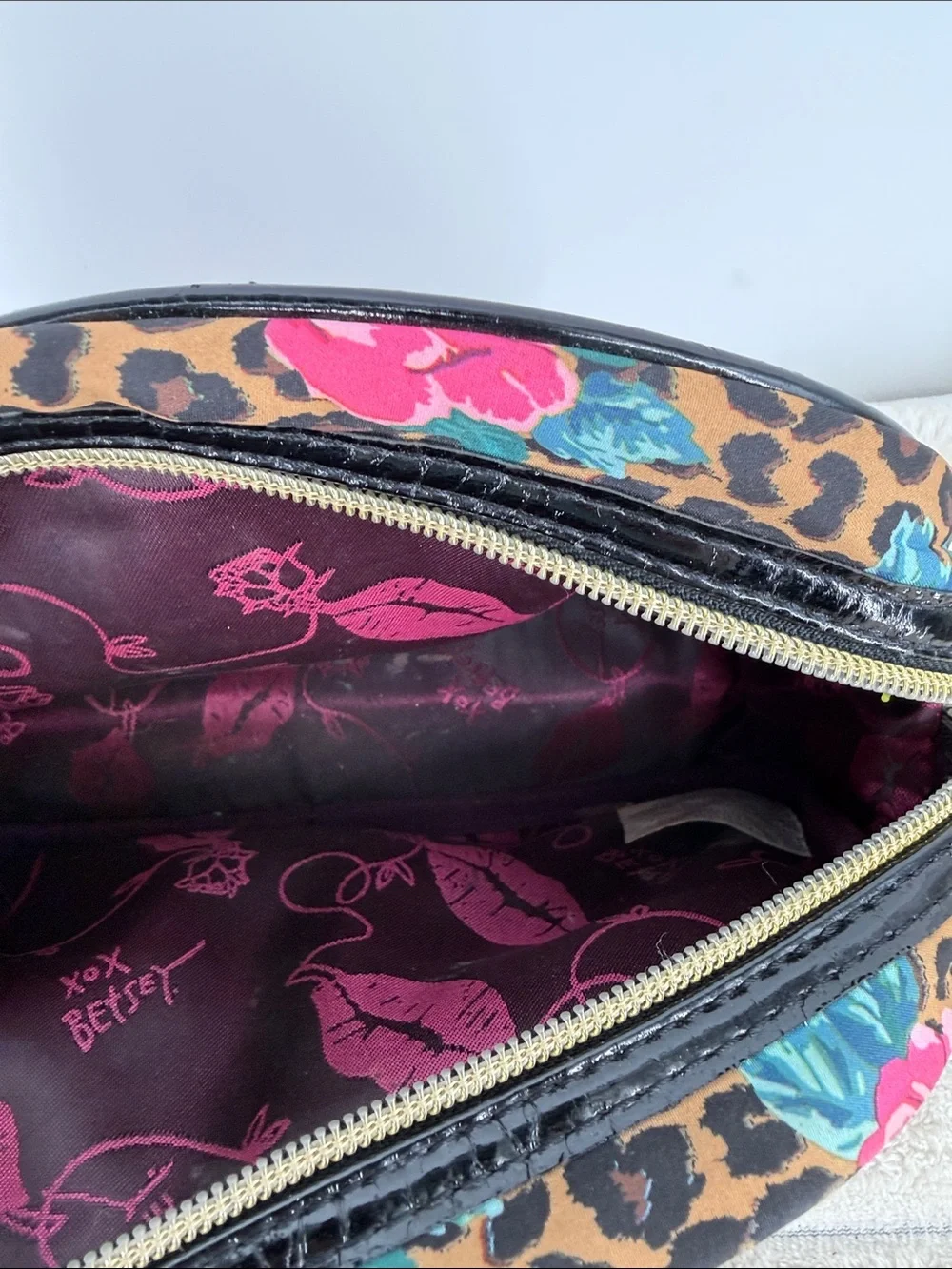 Betsey Johnson Leopard Floral Cosmetic Pouch - Pink, Teal & Brown